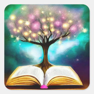 Sticker Carré Arbre illuminé et livre ouvert