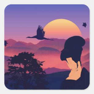 Sticker Carré Arbre japonais de geisha de thème et Soleil Levan