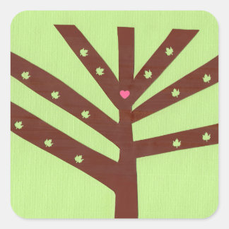 Sticker Carré Arbre minimaliste avec cœur rose et feuilles