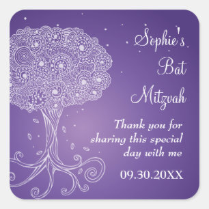 Sticker Carré Arbre orné de la vie Bat mitzvah pourpre