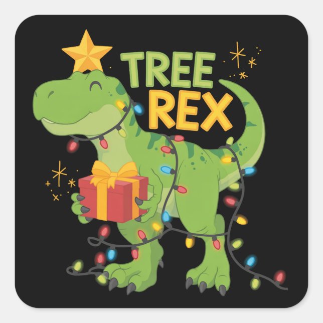 Sticker Carré Arbre Rex Dinosaur Famille Groupe de Noël (Devant)