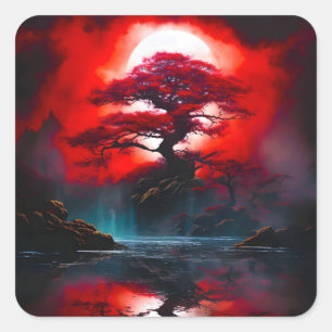 Sticker Carré Arbre rouge mystique sous la pleine lune