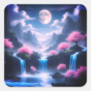Sticker Carré Arbre Sakora-Cascade au Clair de Lune aux Cerises 