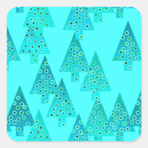 Sticker Carré Arbres de Noël à fleurs modernes - aqua & paon
