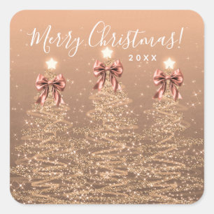 Sticker Carré Arbres de Noël élégants de vacances Rose Gold Bow