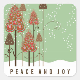 Sticker Carré Arbres de Noël Hiver Neige Paix & Joie Vacances