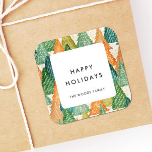 Sticker Carré Arbres de Noël modernes Motif Joyeuses vacances