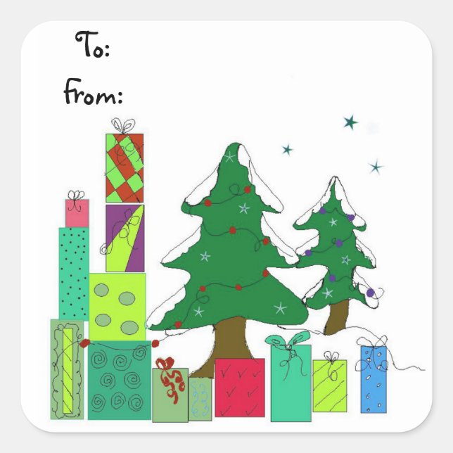 Sticker Carré Arbres enneigés et cadeaux (Devant)