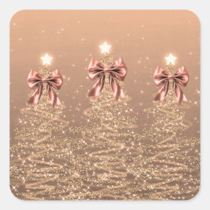 Sticker Carré Arbres Étincelants de Noël Rose Gold avec Ruban Fa