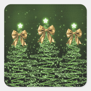 Sticker Carré Arbres Étincelants de Noël Verts avec Nœud en Or F