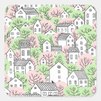 Sticker Carré Arbres, maisons, paysage de la ville de printemps