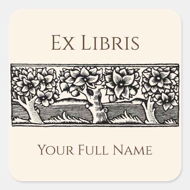 Sticker Carré Arbres médiévaux Ex Libris Bookplate, modifiable (Devant)