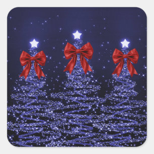 Sticker Carré Arbres scintillants de Noël Navy Blue avec faux nœ
