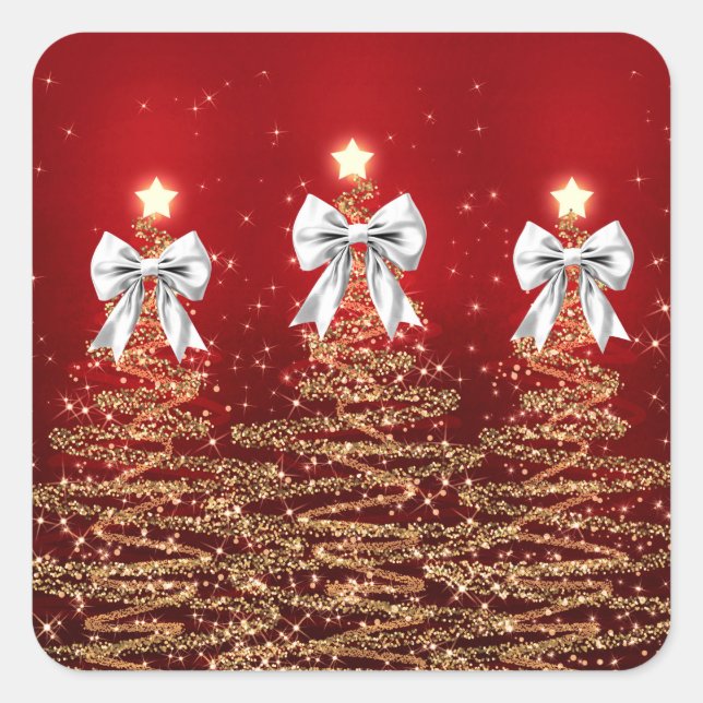 Sticker Carré Arbres scintillants de Noël Rouge Or Argent Nœud  (Devant)