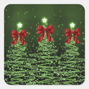 Sticker Carré Arbres scintillants de Noël verts avec nœud rouge