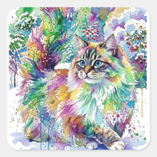 Sticker Carré Arc-en-ciel Fantaisiste Chat Fluffy Aquarelle en H