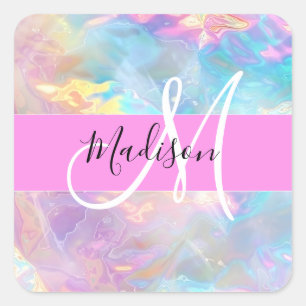 Sticker Carré Arc-en-ciel Girly Holographique Iridescent Monogra