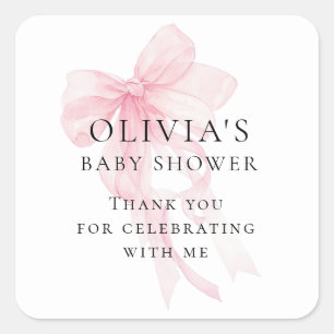 Sticker Carré Arc en ruban rose doux Texte Merci Baby Shower