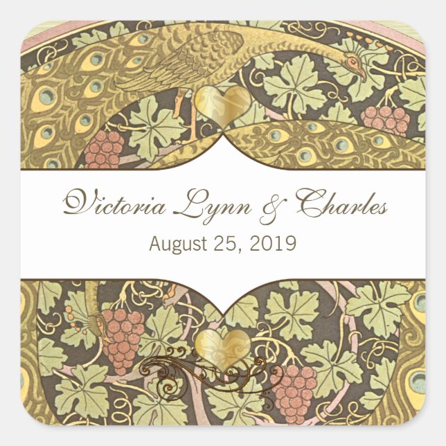 Sticker Carré Arch Art Nouveau Peacocks Coeur Mariage Sceau (Devant)