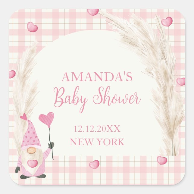 Sticker Carré Arche Boho Rose En vichy Baby shower Swetheart (Devant)