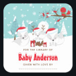 Sticker Carré Arctic Fox Christmas Wonderland Plaque de réservat<br><div class="desc">Cet autocollant mignon et amusant baby shower dispose d'une adorable famille de renards arctiques dans un cadre merveilleux d'hiver avec des arbres enneigés et un oiseau rouge sur une branche avec saint. Les renards aux chapeaux de Santa apportent une touche festive. Dans l'arrière - plan se trouve un ciel vert...</div>