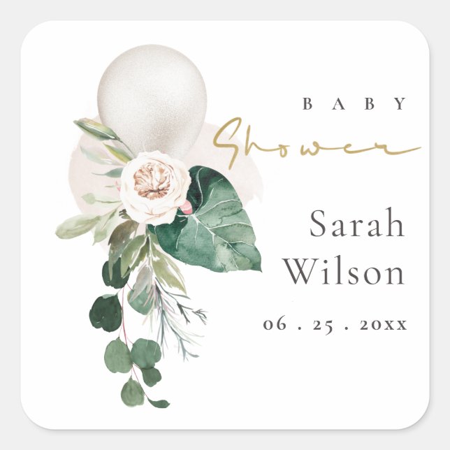 STICKER CARRÉ ARGENT DU BALLON BLANC BABY SHOWER FLORAL BUNCH (Devant)
