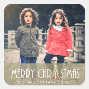 STICKER CARRÉ ARGENT MODERNE MERRY CHRISTMAS DOODLE HOLIDAY PHOT