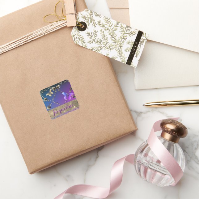 Sticker Carré Argent Rose pourpre dégradé avec nom (Cadeaux)