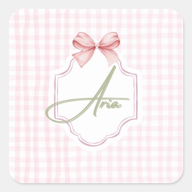Sticker Carré Aria Baby Girl Nursery Bow&En vichy personnalisée (Devant)