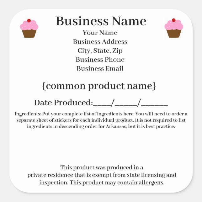 Sticker Carré Arkansas Cottage Food Law / Food Freedom Act étiqu (Devant)