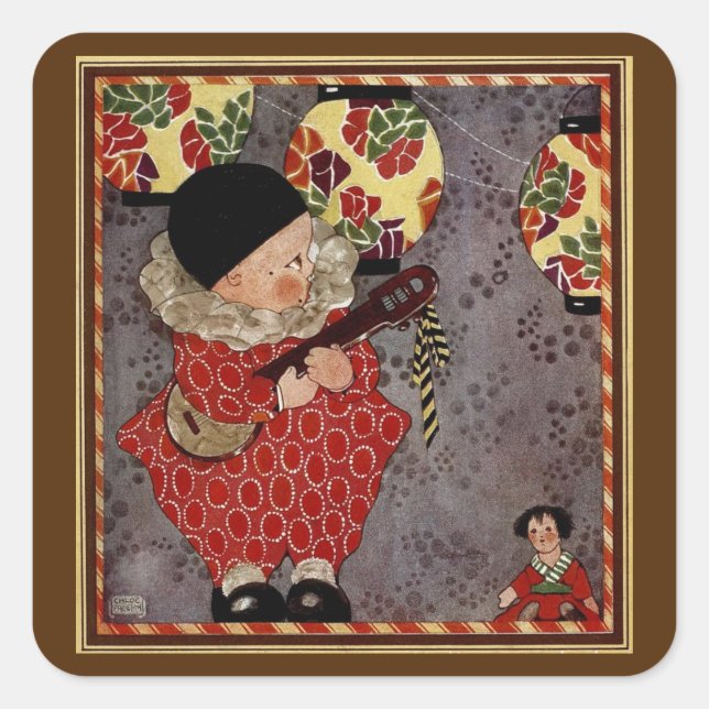Sticker Carré Arlequin enfant vintage, Musicien Jouant Banjo (Devant)