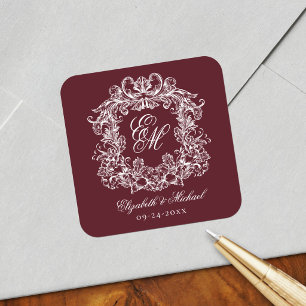 Sticker Carré Armoiries de monogramme de mariage élégant en Bour