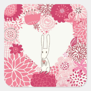 Sticker Carré Arrière - plan floral romantique avec lapin mignon