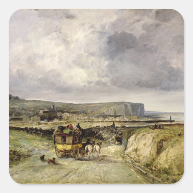 Sticker Carré Arrivée d'un stagecoach à Treport, 1878 (Devant)