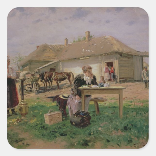 Sticker Carré Arrivée d'une maîtresse d'école dans (Devant)