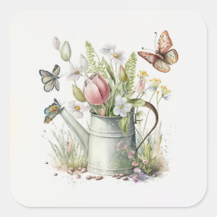 Sticker Carré Arrosage avec tulipes et papillons