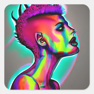 Sticker Carré Art Abstrait coloré de l'IA Femme avec Mohawk