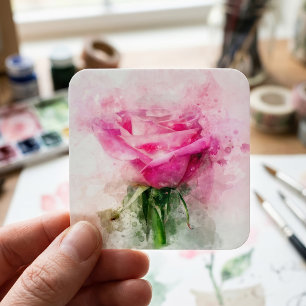 Sticker Carré Art aquarelle de rose rose sur fond blanc