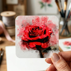 Sticker Carré Art aquarelle d'une rose rouge sur fond blanc