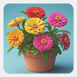 Sticker Carré Art Botanique Floral Vibrant, Fleurs Zinnia