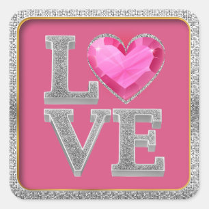 Sticker Carré Art de bijou à cœur rose et paillettes argentées é