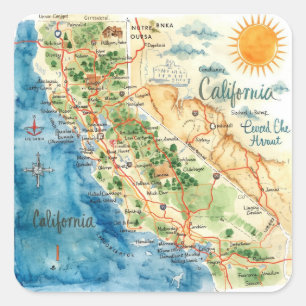 Sticker Carré Art de carte de voyage de Californie à l'aquarelle