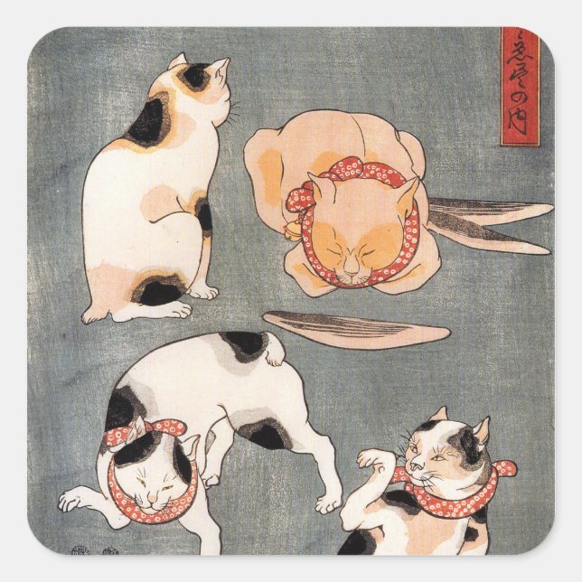 Sticker Carré Art de chat japonais vintage (Devant)