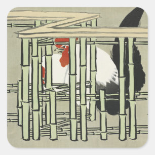 Sticker Carré Art de coq japonais vintage derrière une clôture e