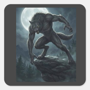Sticker Carré Art de fantasy gothique de loup-garou pleine lune