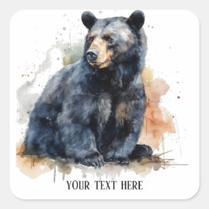 Sticker Carré Art de la forêt à l'aquarelle Ours noir, personnal