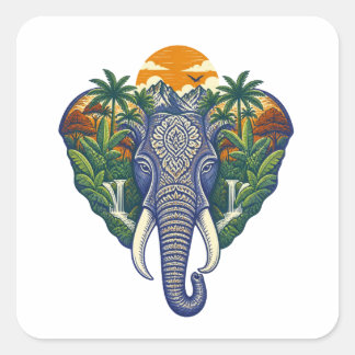 Sticker Carré Art de la jungle éléphant orné – Soleil de la faun
