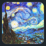 Sticker Carré Art de nuit Van Gogh Starry<br><div class="desc">Starry Night,  le tableau le plus célèbre du maître postimpressionniste néerlandais Vincent van Gogh. Un cyprès solitaire,  un village endormi et un ciel qui tourbillonne d'étoiles. Post-impressionnisme religieux chrétien inspiration spirituelle peinture d'art fin.</div>