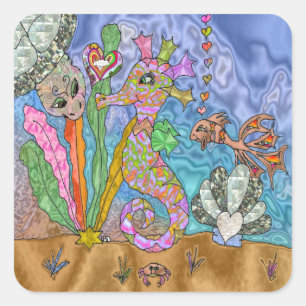 Sticker Carré Art de Tortue de Mer Cheval Marin Psychédélique