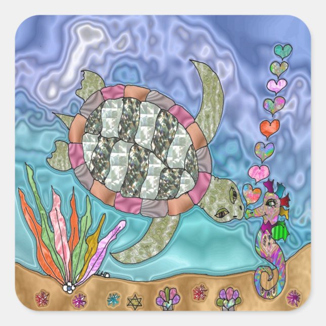Sticker Carré Art de tortue marine hippocampe psychédélique (Devant)